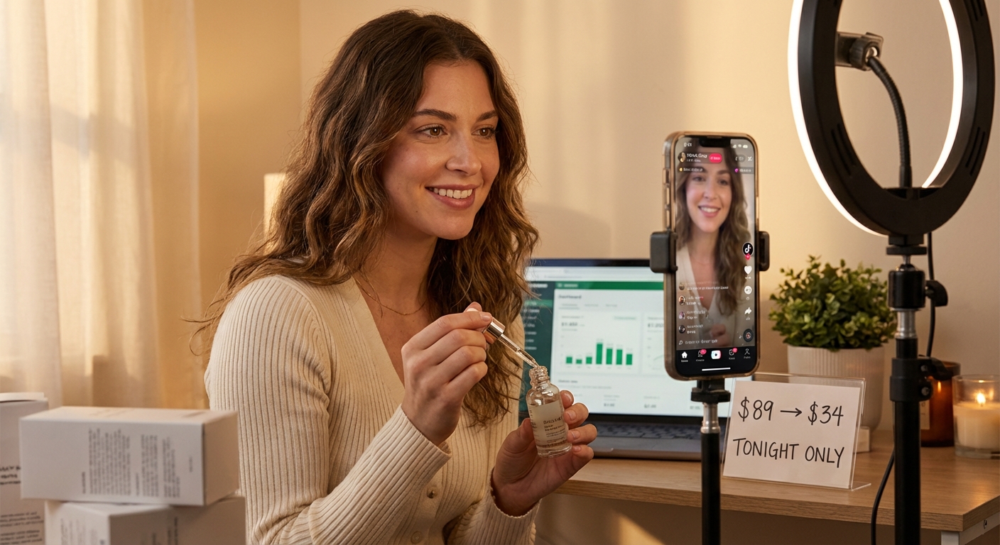 Confident TikTok Shop creator preparing anchoring price strategy in home studio before live selling stream
