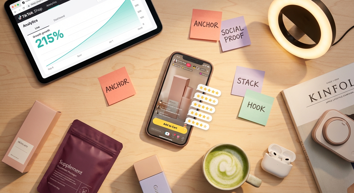 Flat lay of TikTok Shop live selling workspace with analytics dashboard phone showing growth charts and branded products