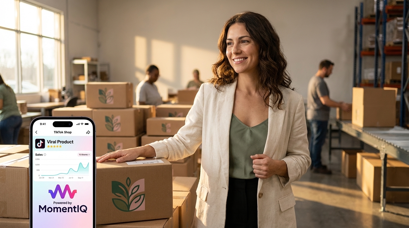 Proud brand founder with branded shipping boxes and TikTok Shop profile showing viral product