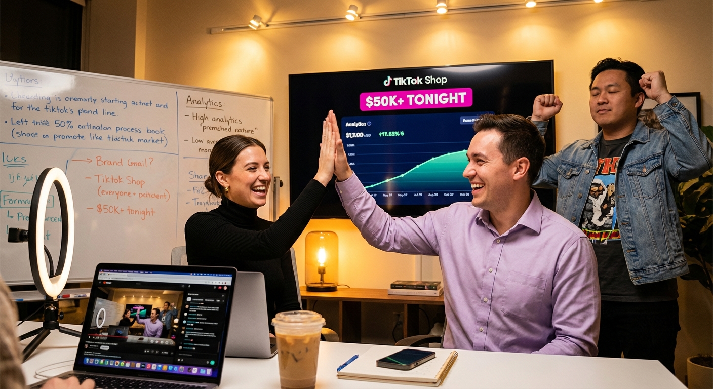 TikTok Shop brand team celebrating record live selling GMV results in front of analytics dashboard