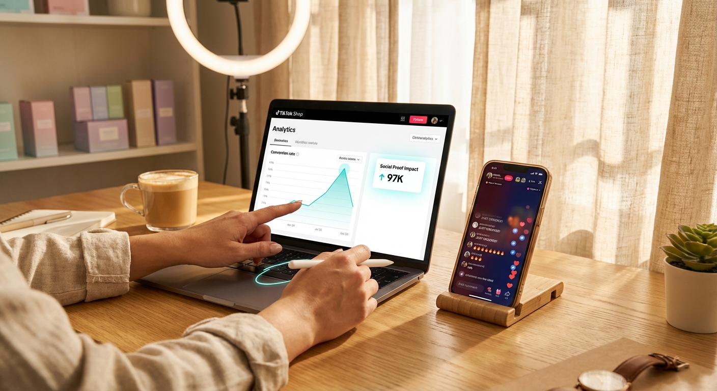TikTok Shop live stream social proof comments and real-time conversion analytics dashboard showing sales spike