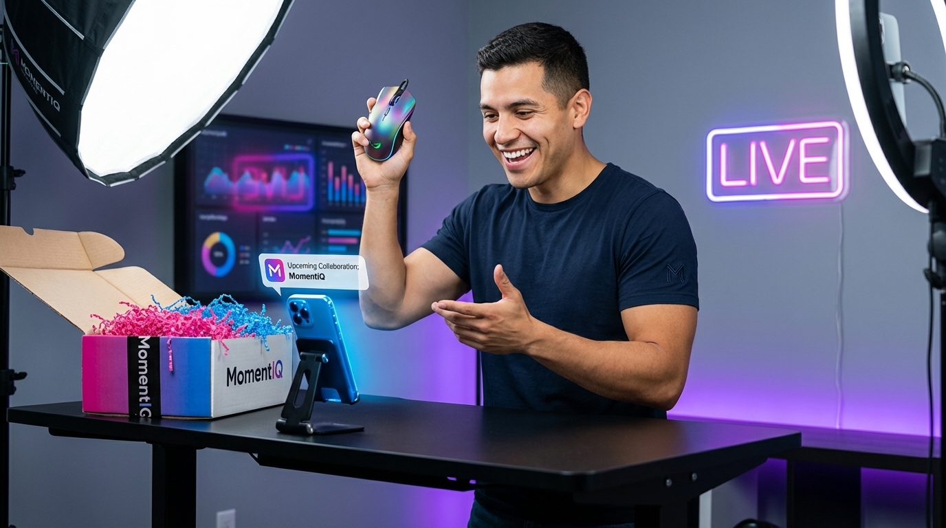 Excited creator unboxing a branded TikTok Shop product seeding package for a new partnership.