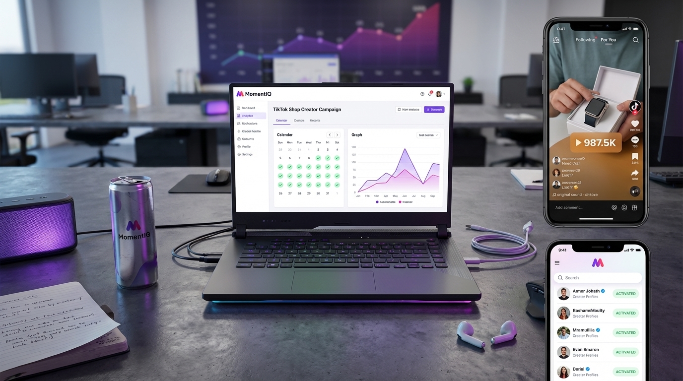 Flat lay of an organized desk with a TikTok Shop content calendar and a phone showing a viral product video.