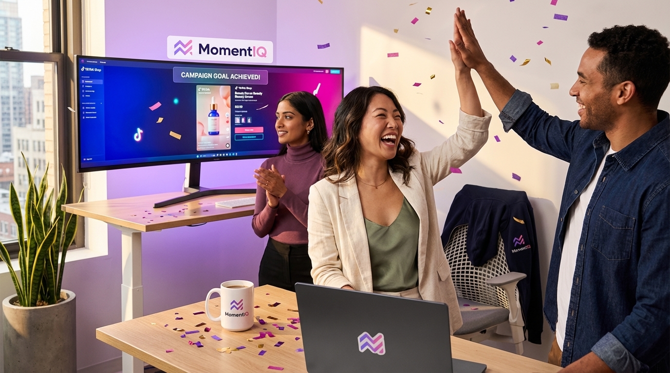 Marketing team celebrating 'Campaign Goal Achieved!' notification for a TikTok Shop ad campaign.