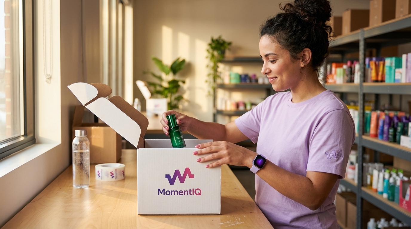 Organized warehouse worker happily packing colorful TikTok Shop orders