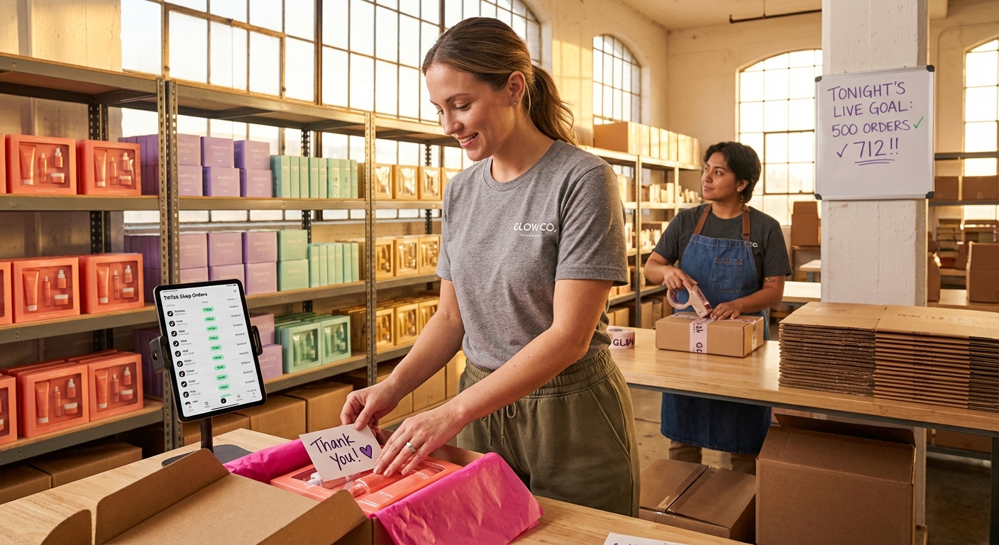 Thriving TikTok Shop warehouse fulfillment scene with team packing colorful branded orders as sales dashboard shows record orders
