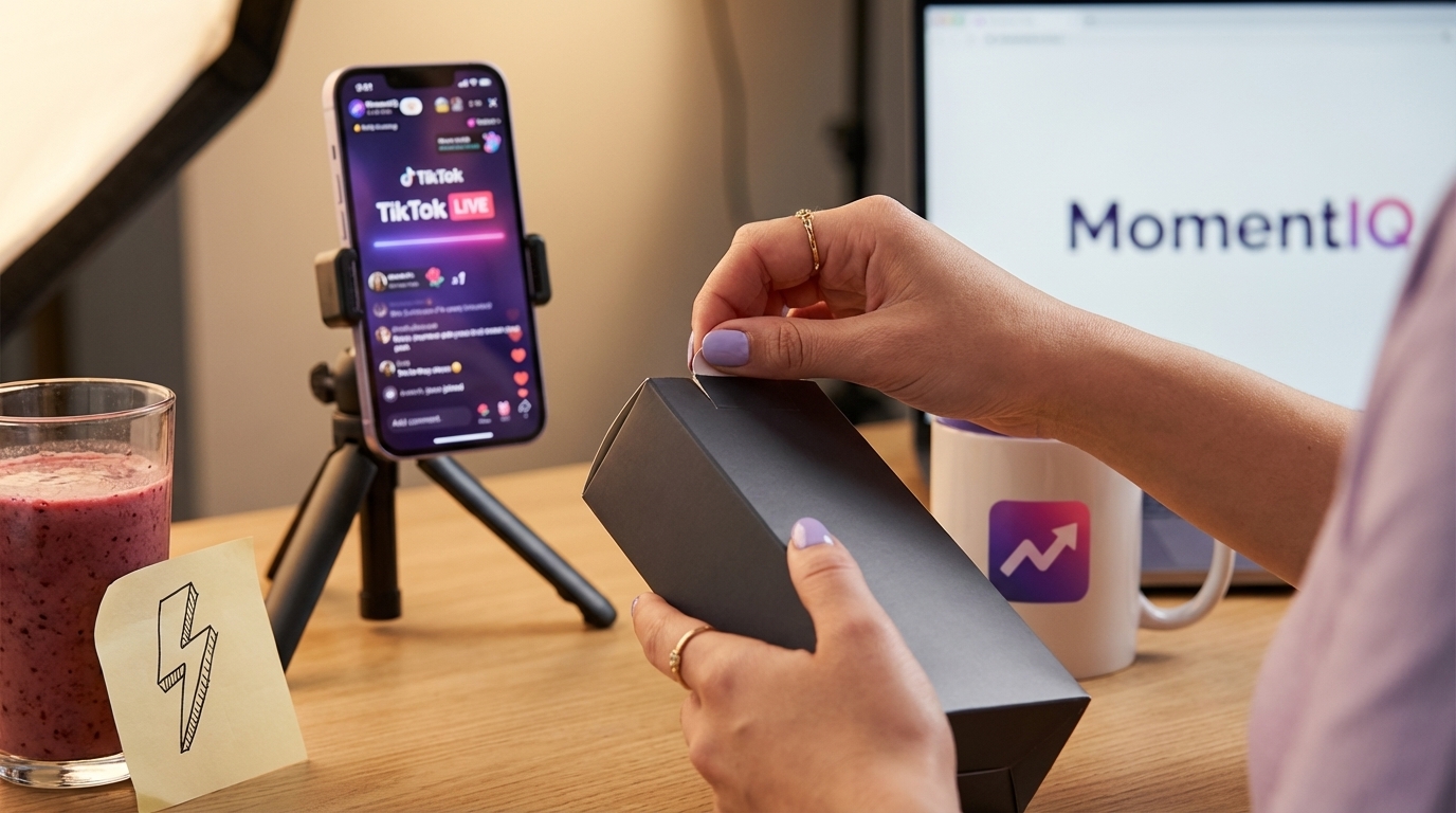 TikTok Shop creator unboxing products in a vibrant mini studio setup