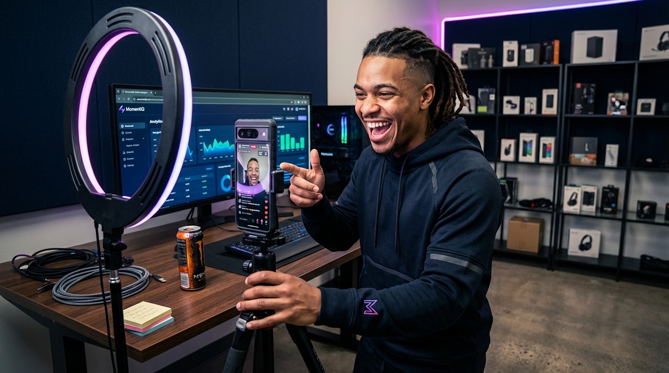 Creator setting up a vibrant TikTok Shop live stream studio with ring light and phone on tripod