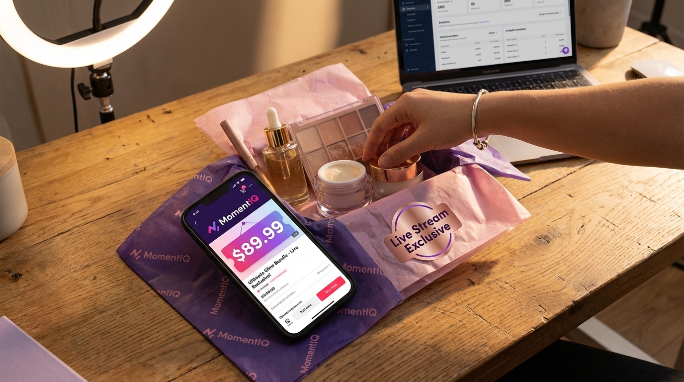 Flat lay of bundled beauty products for higher AOV during TikTok Shop live streams