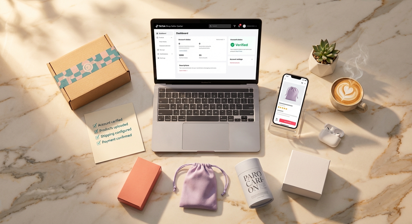 Flat lay of TikTok Shop seller center setup checklist with verified account laptop and branded products