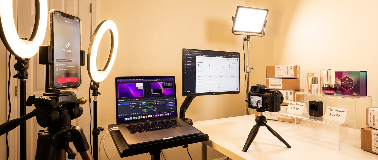 Professional TikTok Shop live shopping studio setup with OBS multi-camera ring light and product display