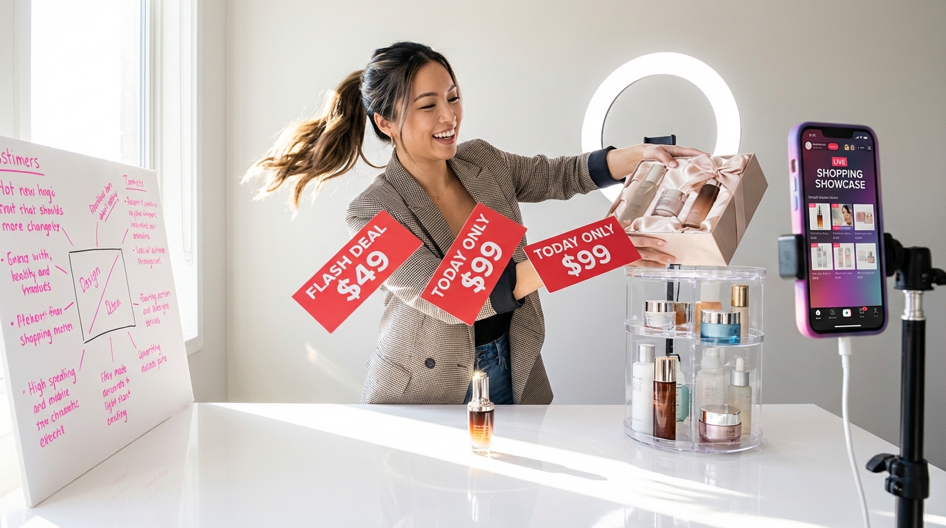 TikTok Shop seller arranging product ladder showcase with flash deals for live shopping stream