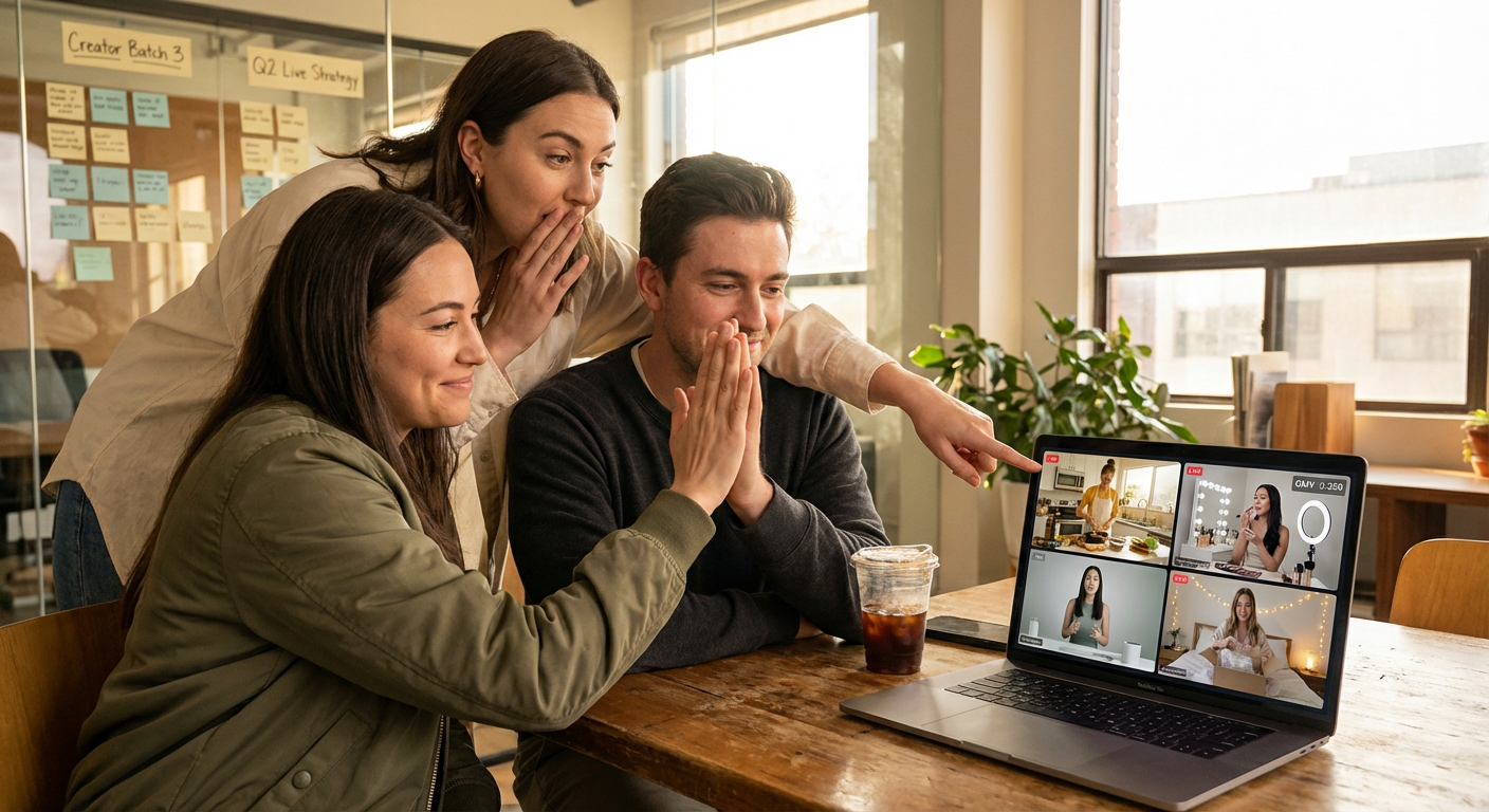 Brand team celebrating while monitoring multiple TikTok Shop creator affiliate live streams on a laptop screen