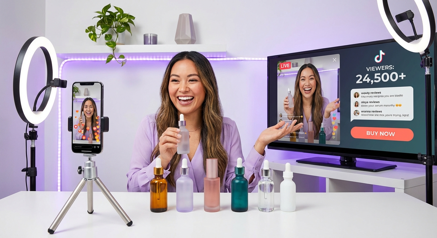 Beauty creator confidently demonstrating a product in a TikTok Shop split-screen live stream format from a professional studio setup