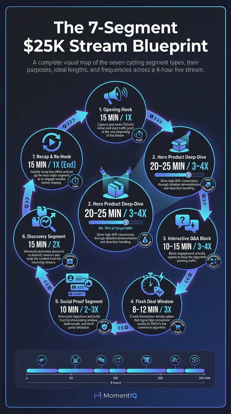 Process flow infographic showing the seven TikTok Shop live stream segment types including Opening Hook, Hero Product Deep-Dive, Q&A Block, Flash Deal, Social Proof, Discovery, and Closing Urgency with timing and frequency details