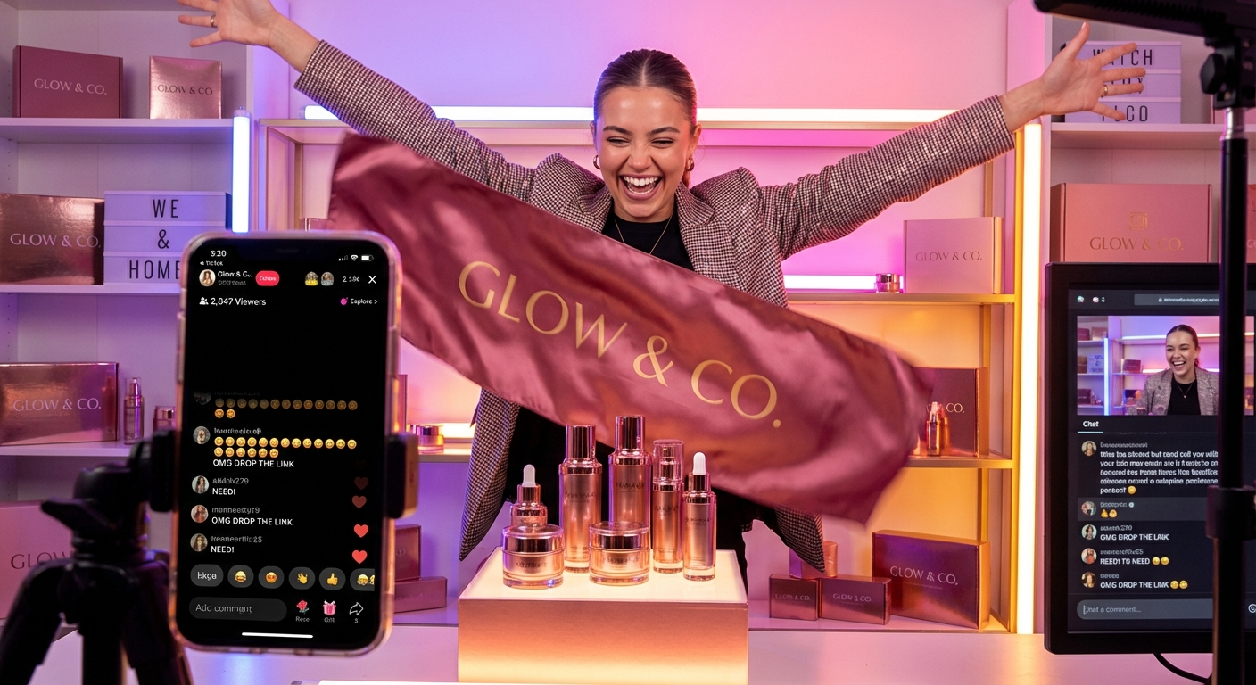 Energetic TikTok Shop live stream host opening a broadcast with a dramatic product reveal as viewer count climbs