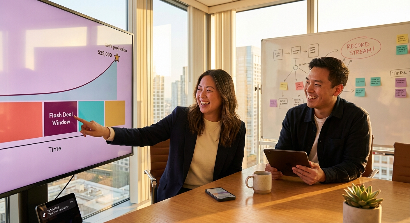 TikTok Shop brand team reviewing live stream segment schedule on a large screen in a modern strategy war room