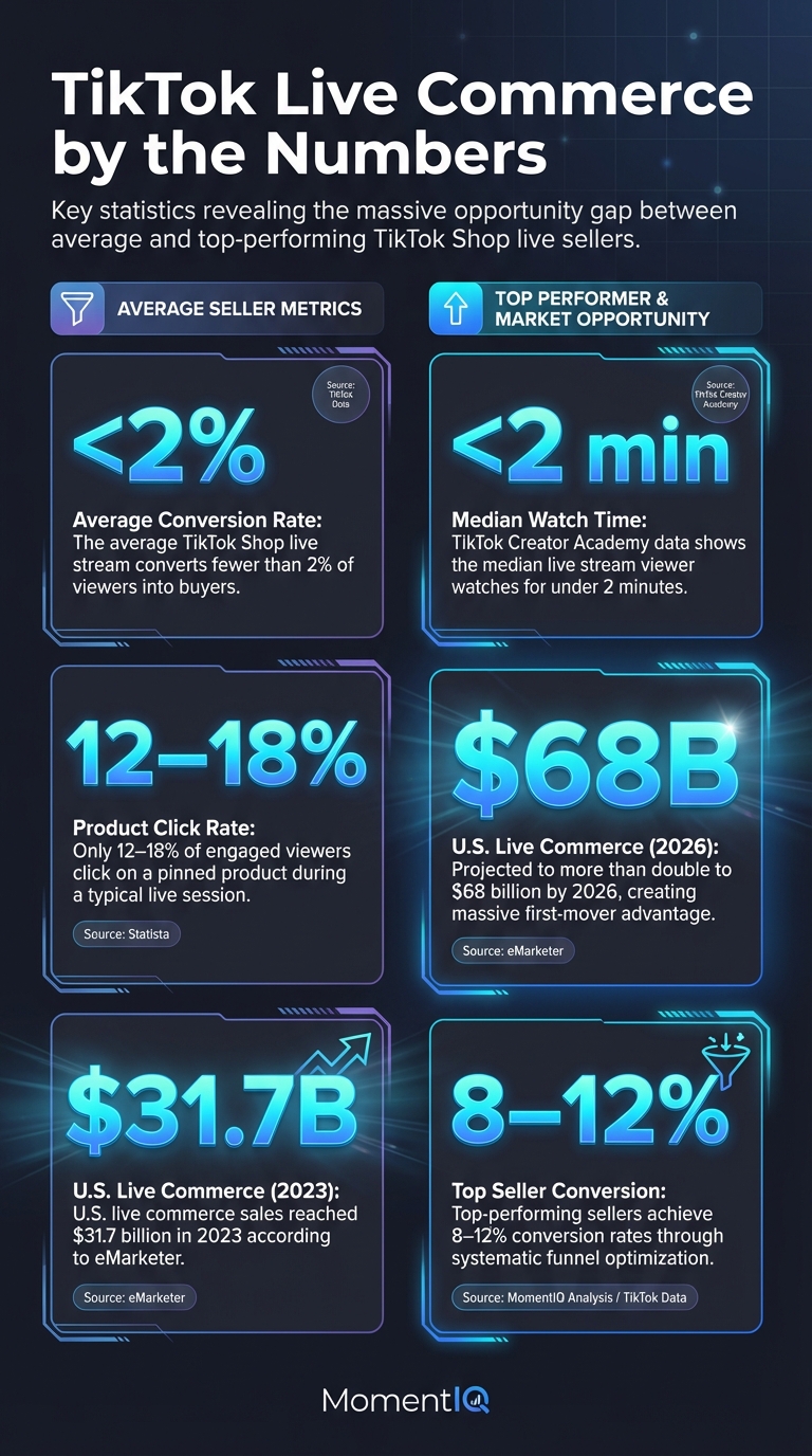 TikTok Shop live commerce statistics infographic showing average vs top-performer conversion rates, US market size