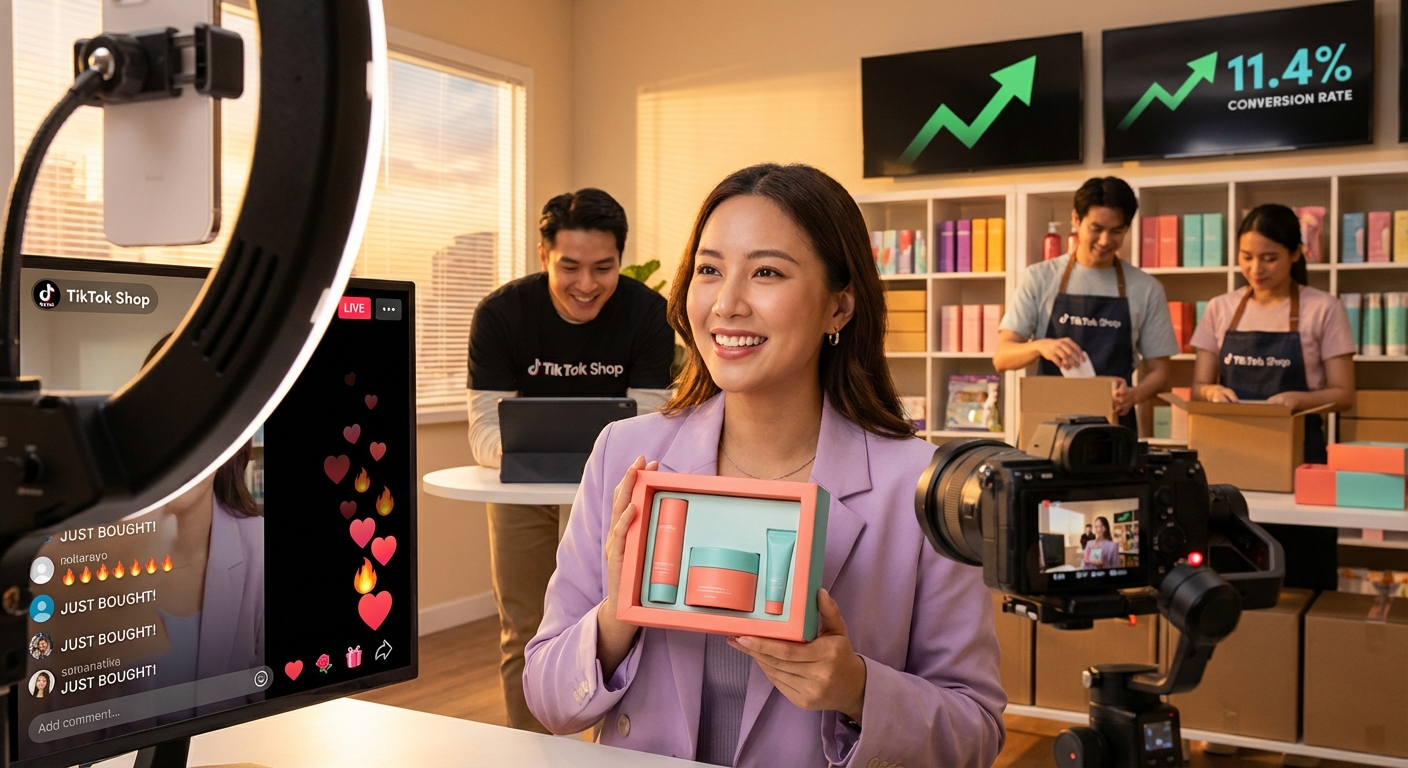 Cinematic view of a thriving TikTok Shop live commerce operation with host presenting products and fulfillment team packing orders