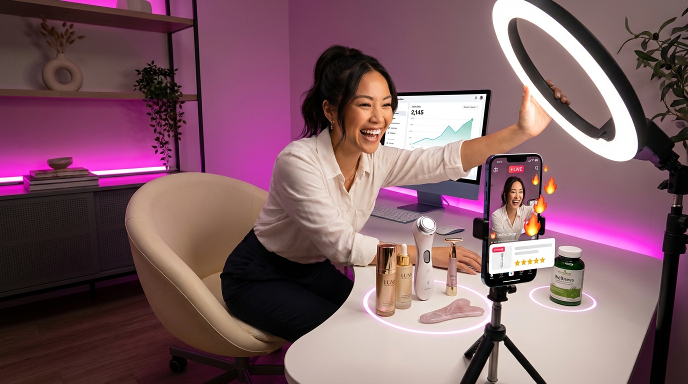 Creator confidently preparing a TikTok Shop live stream in a professional studio setup with ring light and trending products