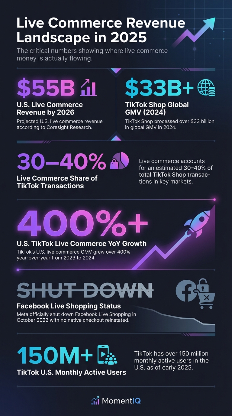 Infographic comparing TikTok Shop Live versus Facebook Live Shopping in 2025 with platform feature and performance overview