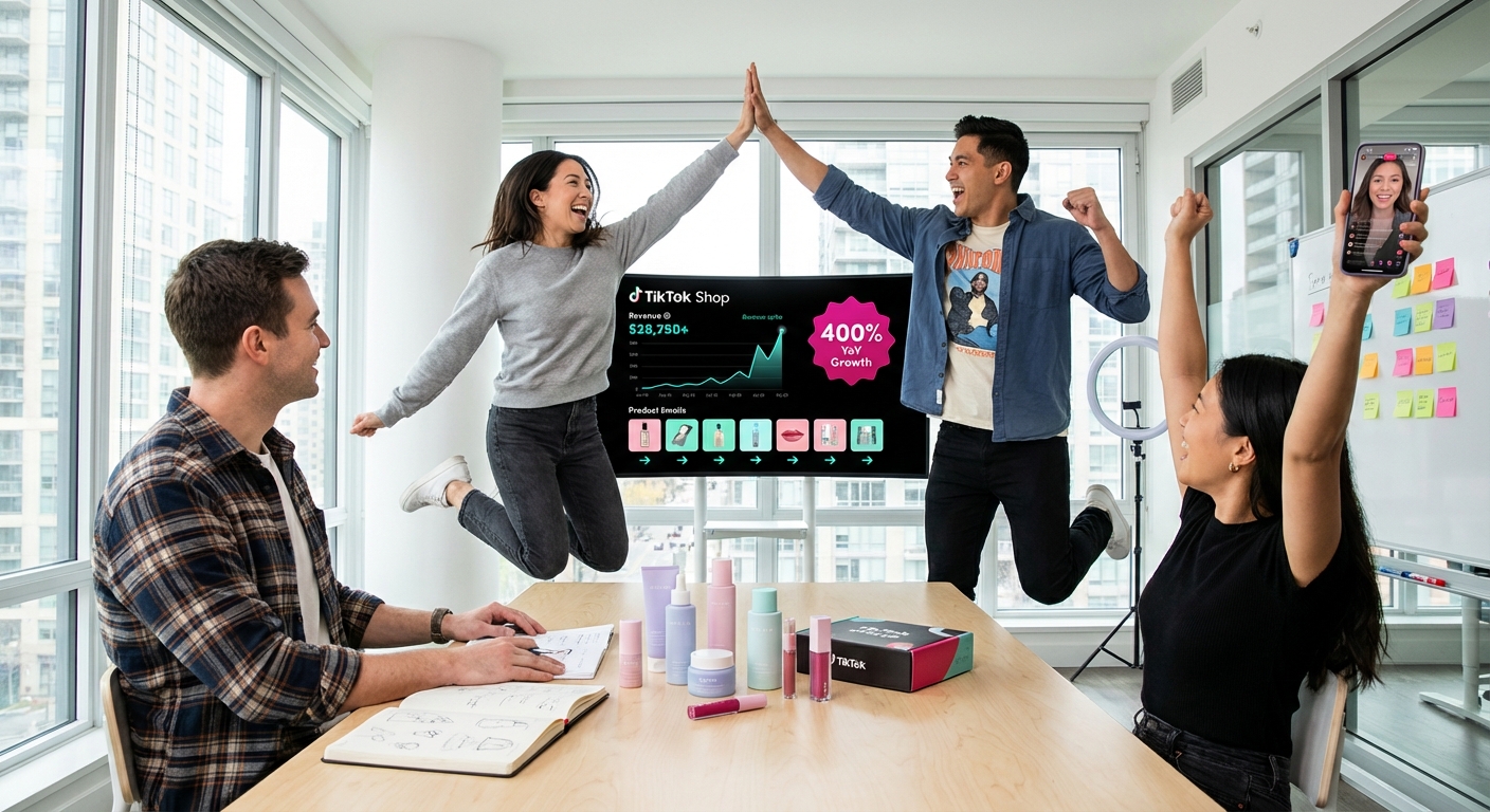 Brand team high-fiving and celebrating TikTok Shop live commerce revenue growth on analytics dashboard
