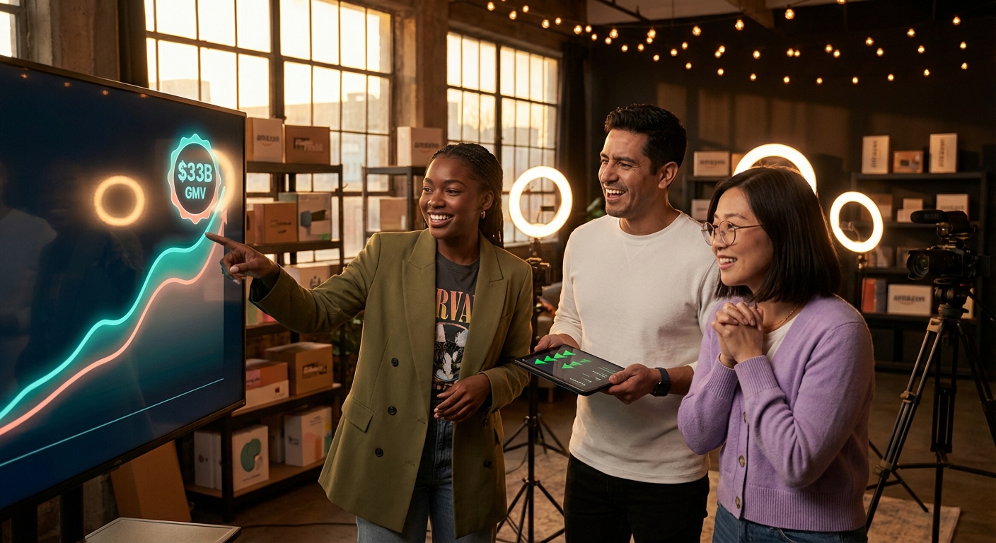 Marketing team celebrating TikTok Shop live commerce growth milestones displayed on large analytics screen in modern studio