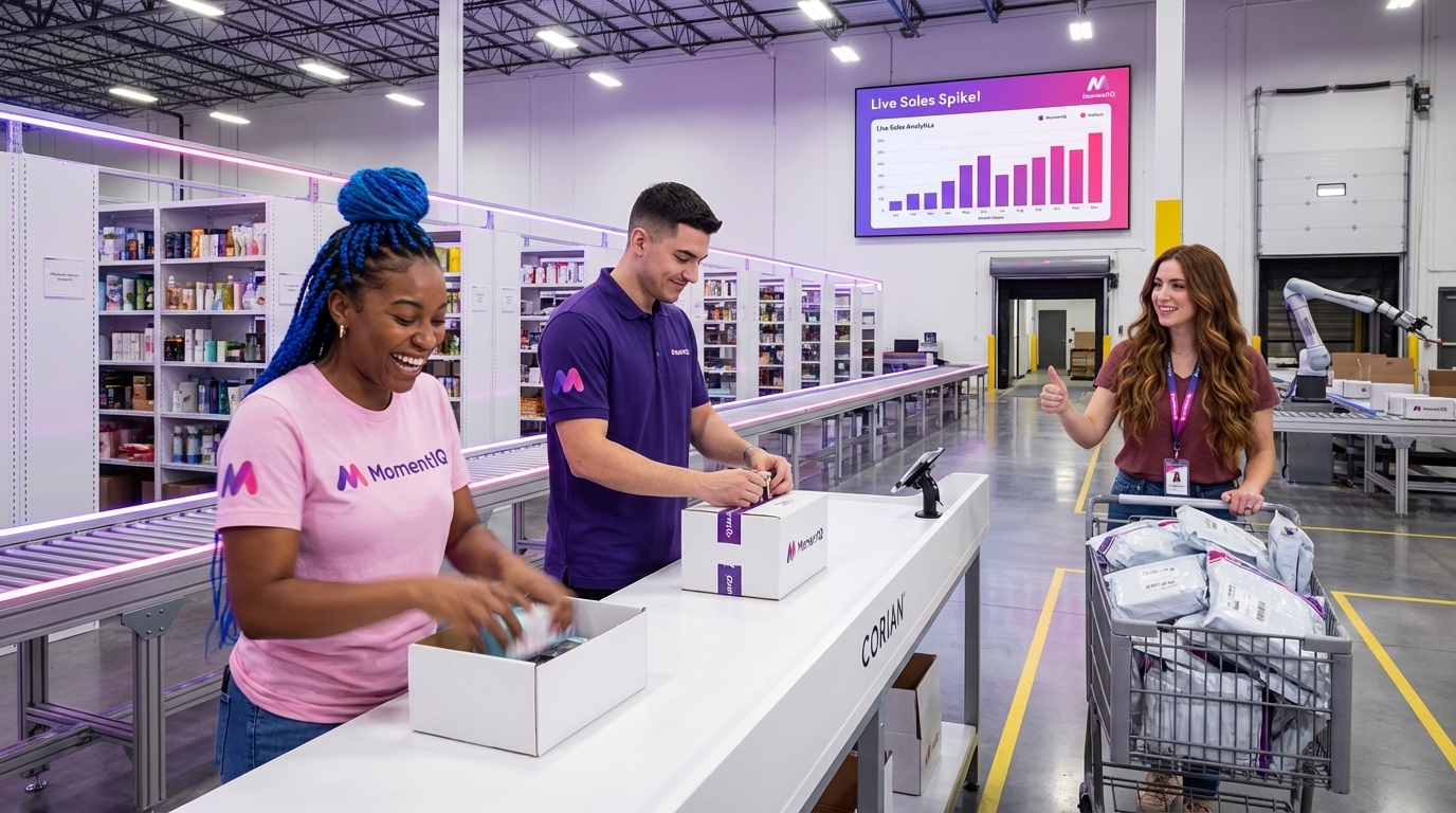 Cheerful team efficiently preparing and packaging TikTok Shop orders in a bustling fulfillment center.
