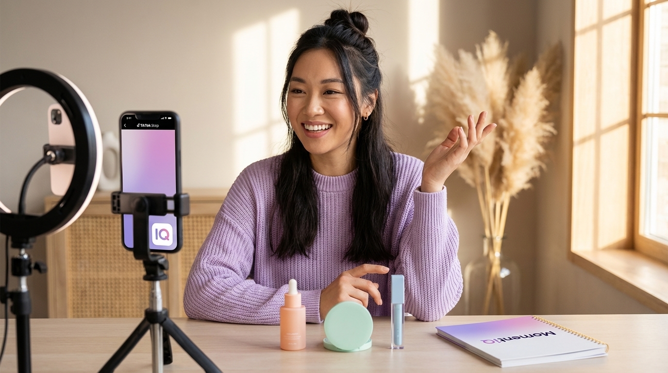 Creator energetically preparing for a TikTok Shop live stream in a well-equipped studio.