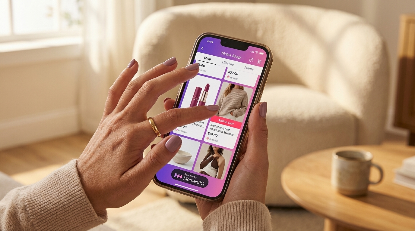 Hand scrolling through TikTok Shop feed, showcasing diverse products and native shopping experience.