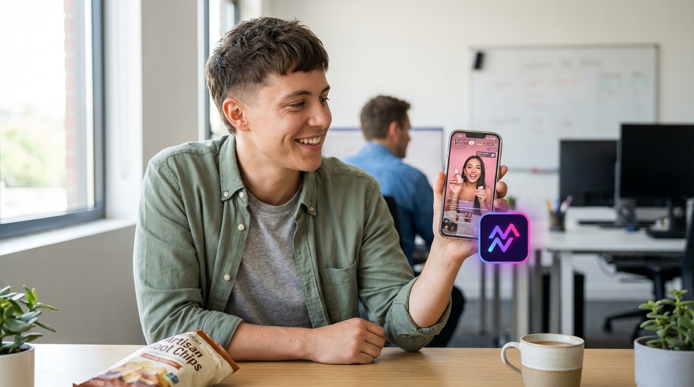 Young professional engrossed in a TikTok Shop live stream on their phone.