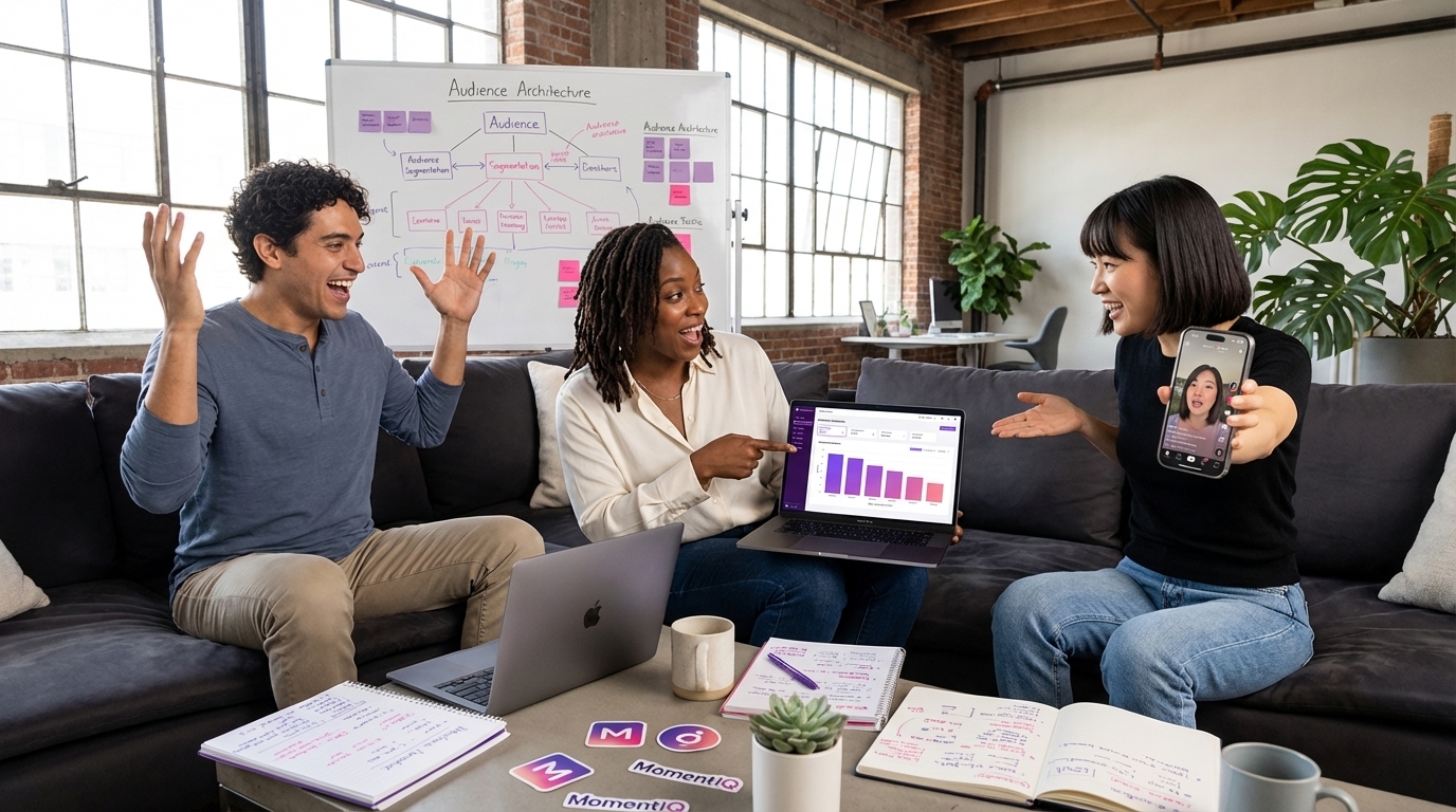 Brand marketers collaborating on TikTok Shop seed audience strategy with viral creator content on phone