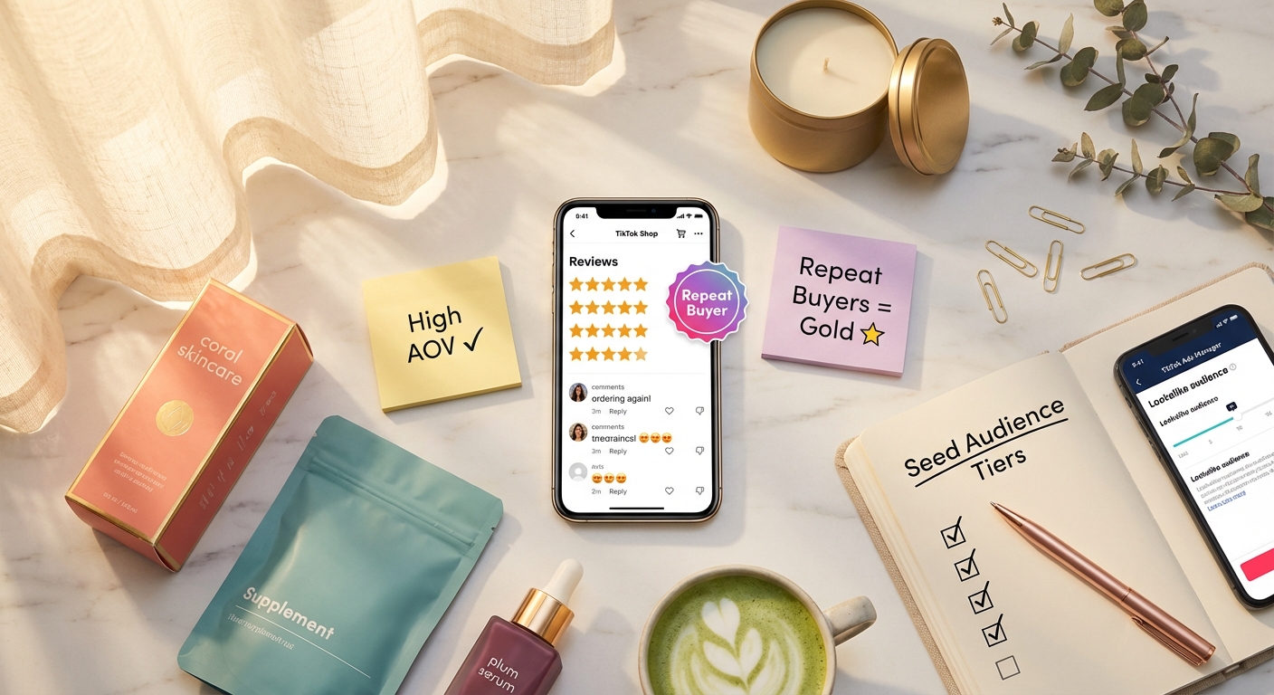 Flat lay of TikTok Shop product listings, seed audience strategy notes, and high-review products showcasing lookalike audience planning