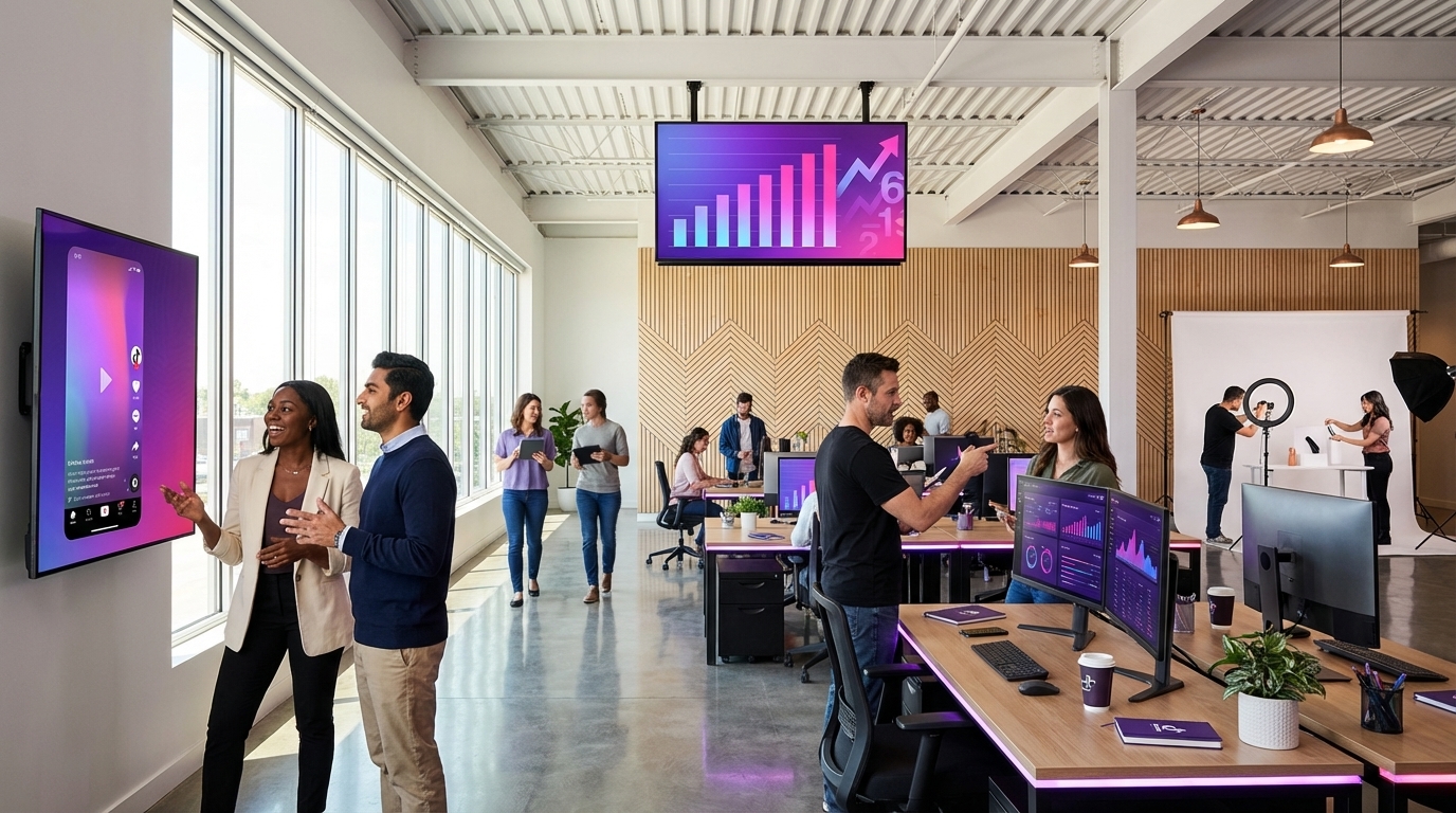 TikTok Shop brand headquarters with teams reviewing lookalike audience performance and monthly GMV scoreboard