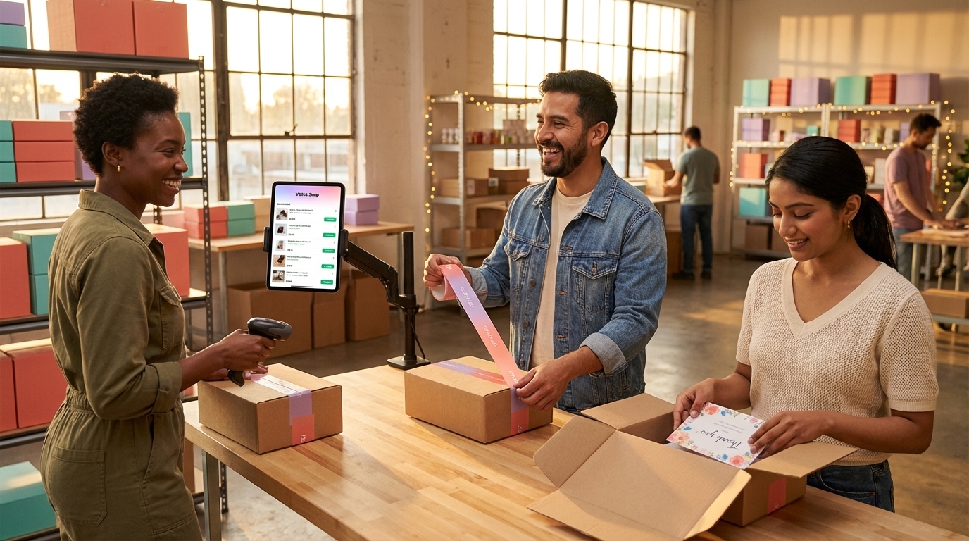 TikTok Shop warehouse team packing branded orders at golden hour with live order feed showing rapid sales