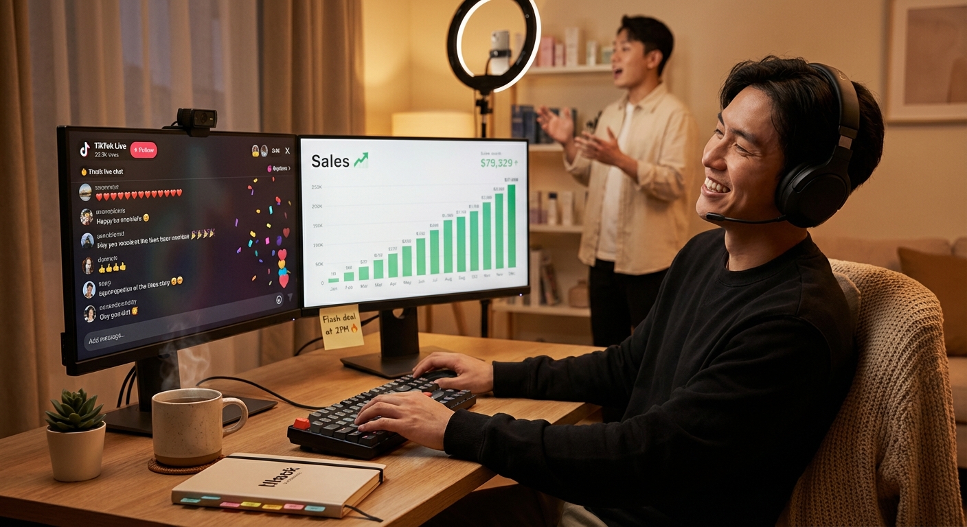 Behind-the-scenes TikTok Shop live stream operator managing chat and sales dashboard while host presents on camera