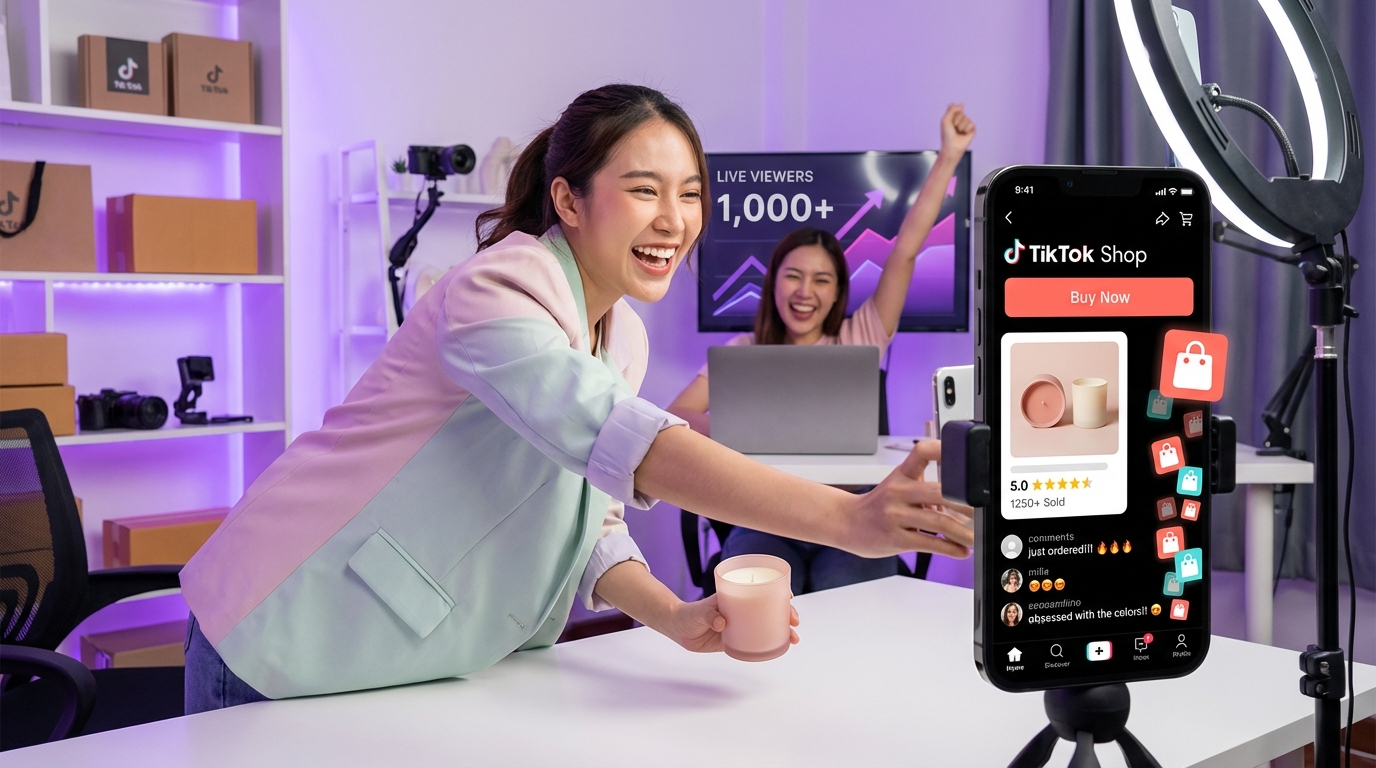 Energetic TikTok Shop live host presenting product to camera with growing viewer count visible on laptop behind her