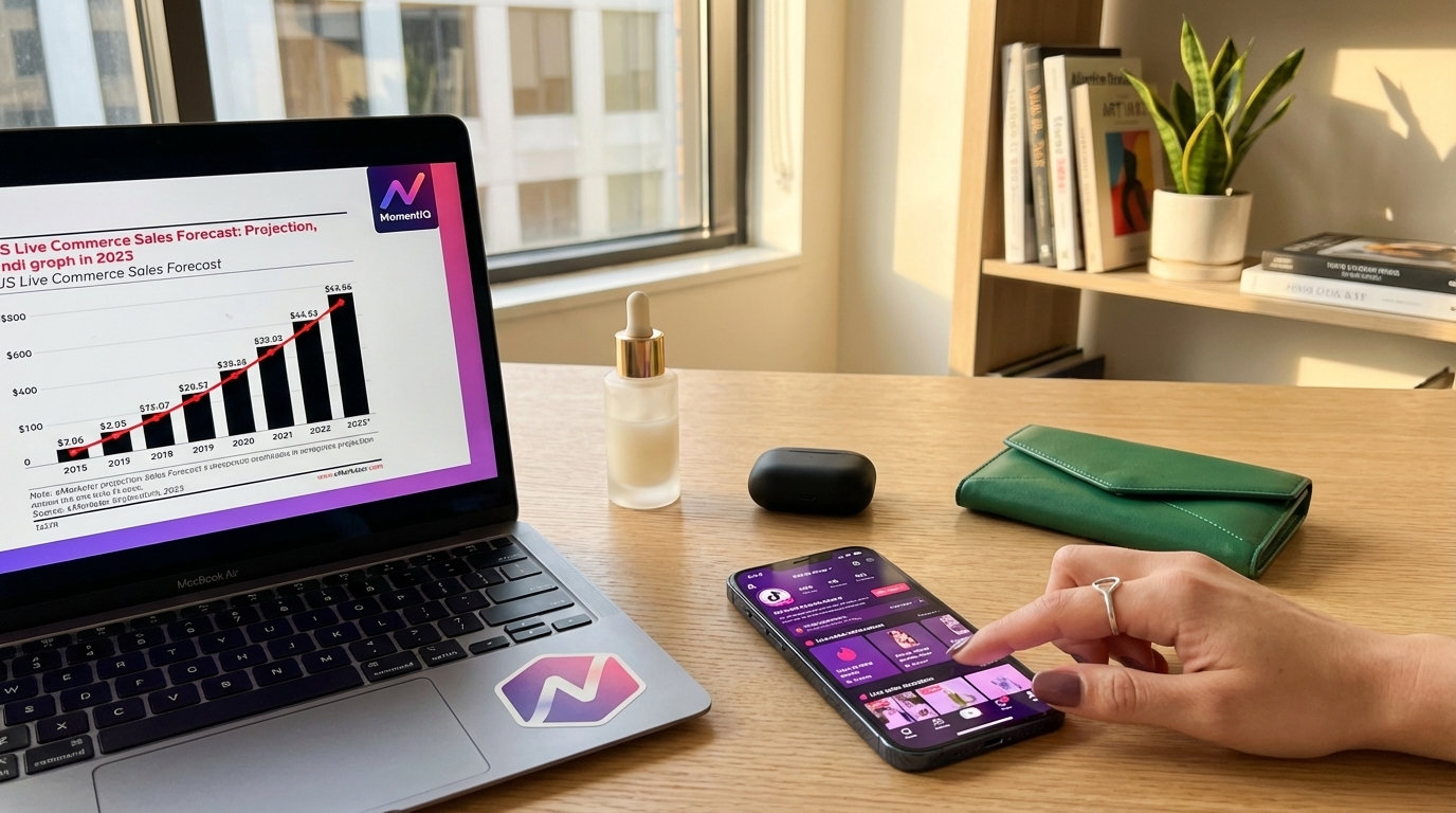 Flat lay of a desk showing eMarketer live commerce projection and a phone with TikTok Shop interface