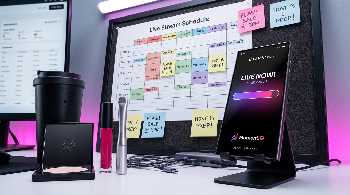 Flat lay of a TikTok Shop live stream host rotation schedule with a 'Live Now!' phone notification