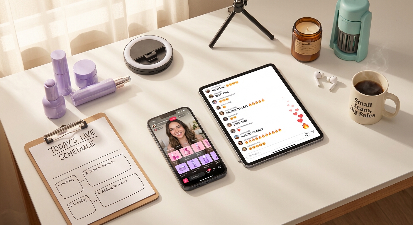Flat lay of TikTok Shop live stream essentials including phone with live shopping interface, ring light, product samples, and segment schedule