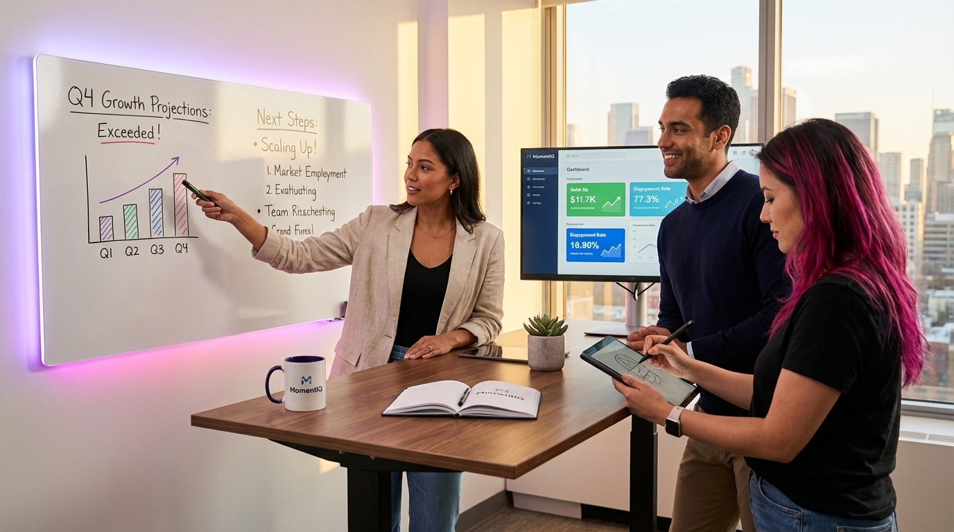 Team in a war room reviewing TikTok Shop analytics and growth strategies on a whiteboard