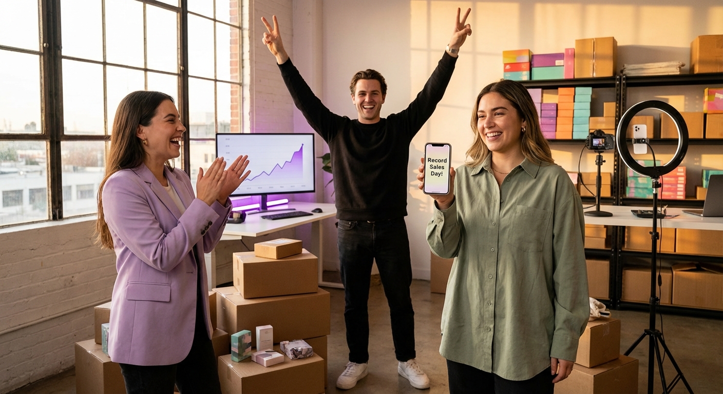 Three-person TikTok Shop team celebrating record sales day in their organized studio and fulfillment space with GMV dashboard showing growth