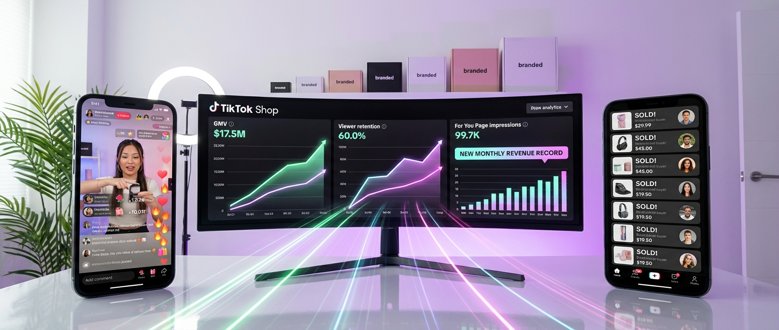 TikTok Shop analytics dashboard showing upward GMV and engagement trends alongside live stream notifications
