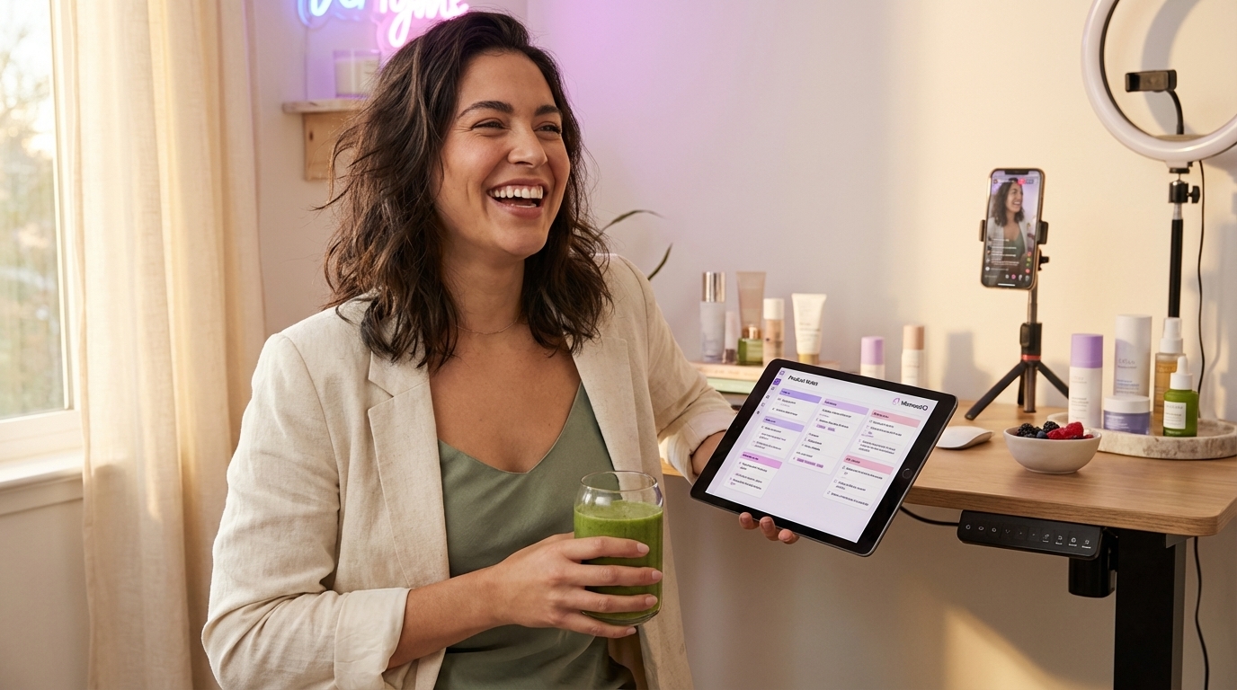 TikTok Shop creator happily prepping for a live stream with healthy snacks and product notes