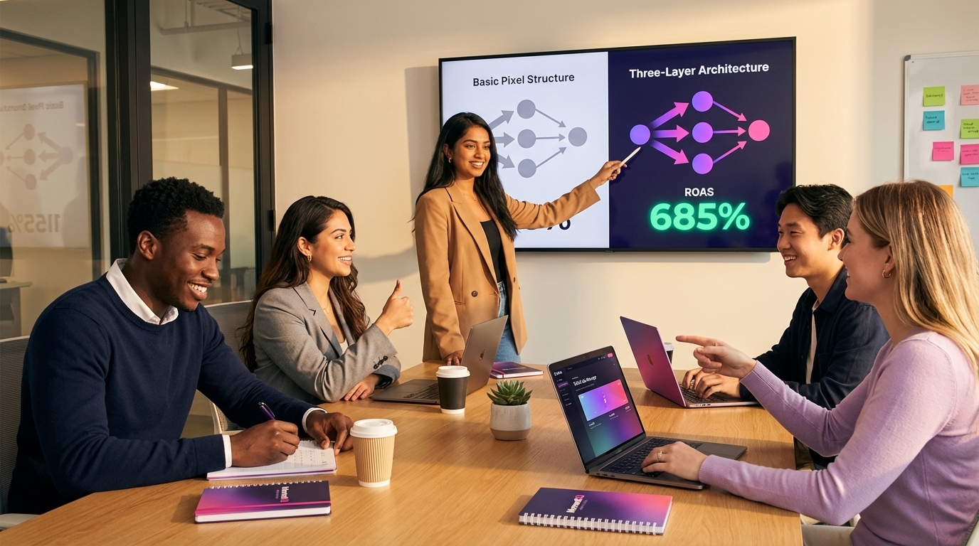 Agency team conducting TikTok Shop pixel health audit with three-layer architecture comparison