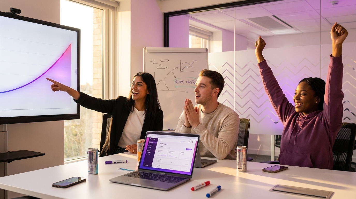 Excited team celebrating record TikTok Shop GMV with ROAS growth on war room screens