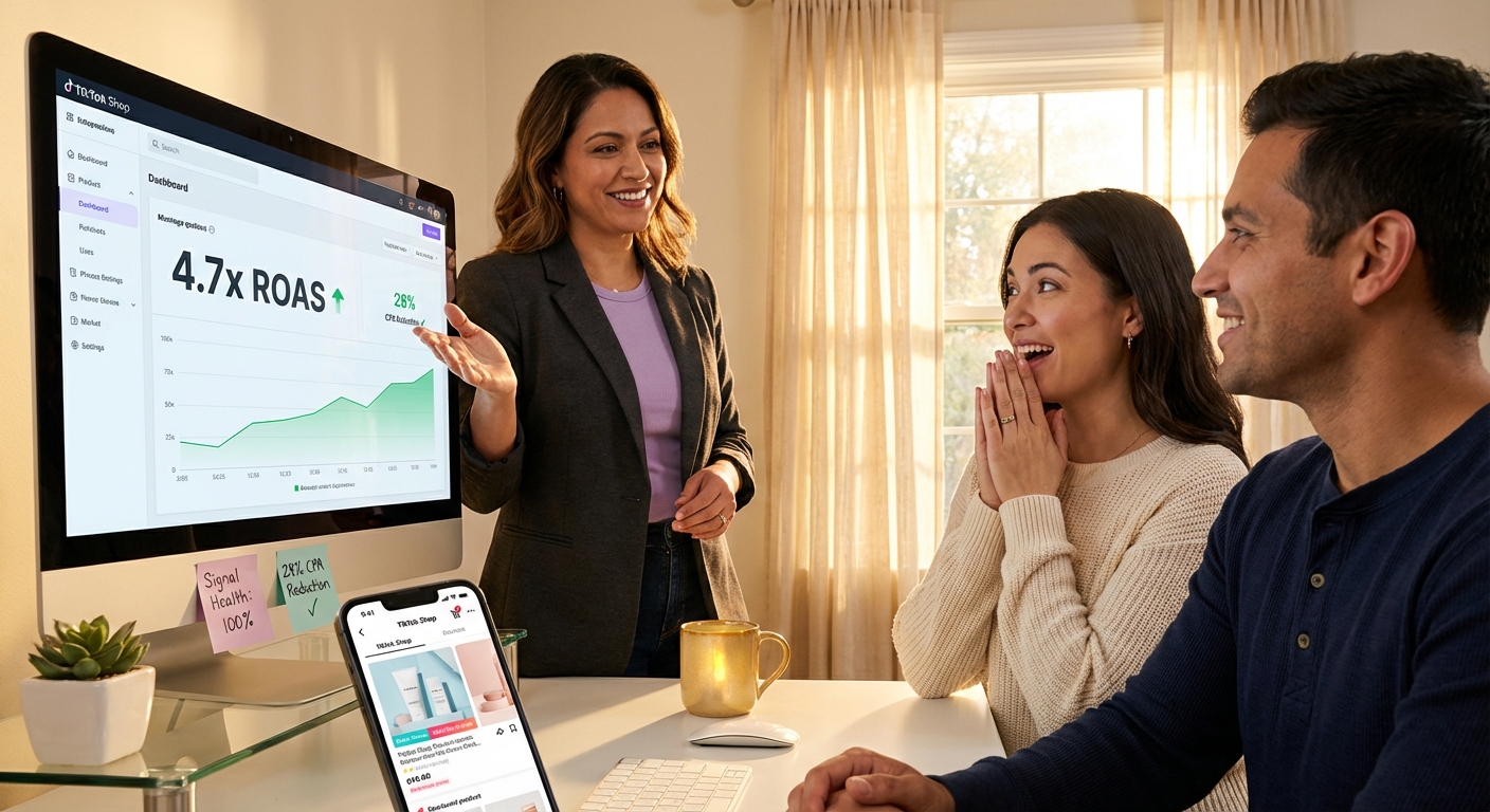 Marketing strategist presenting TikTok Shop ad performance dashboard showing improved ROAS and conversion metrics to excited team