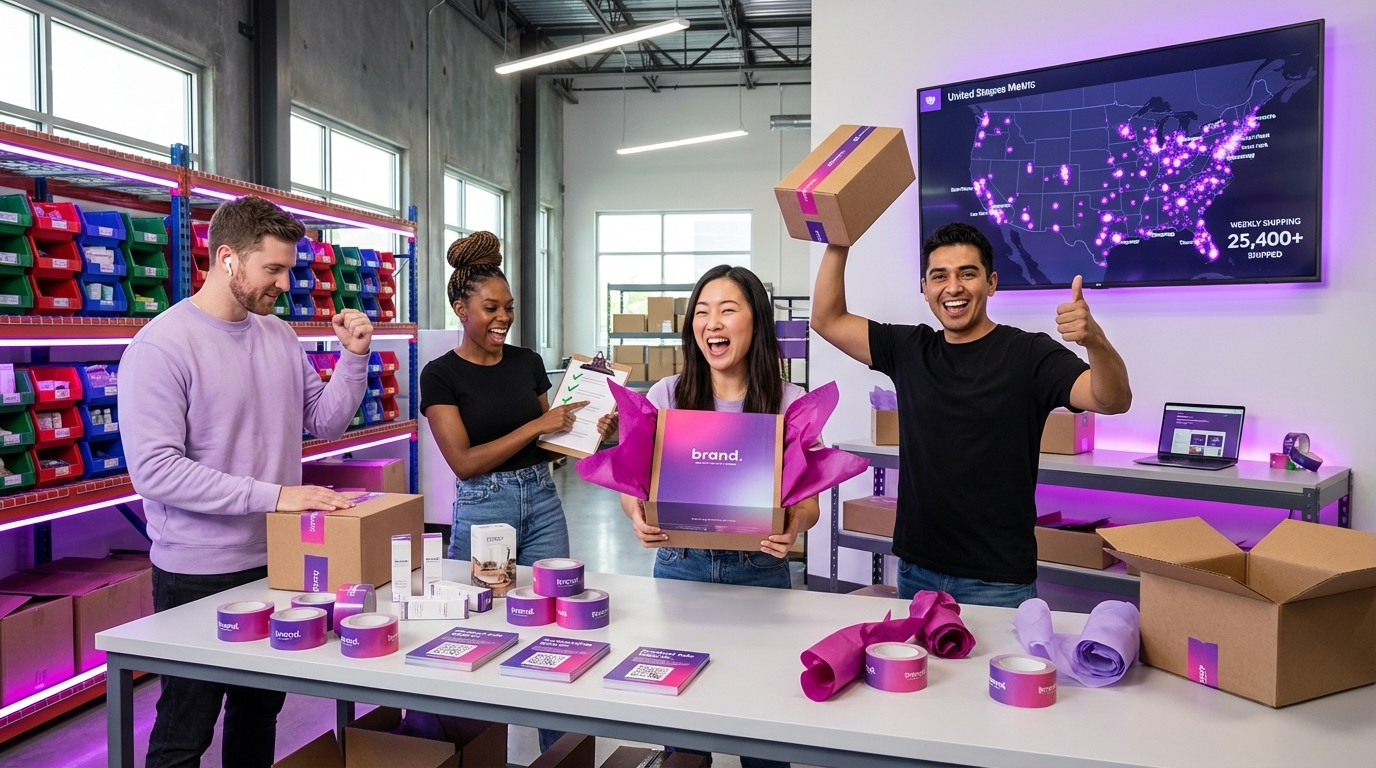 Team preparing TikTok Shop creator seeding packages in organized warehouse with shipping map