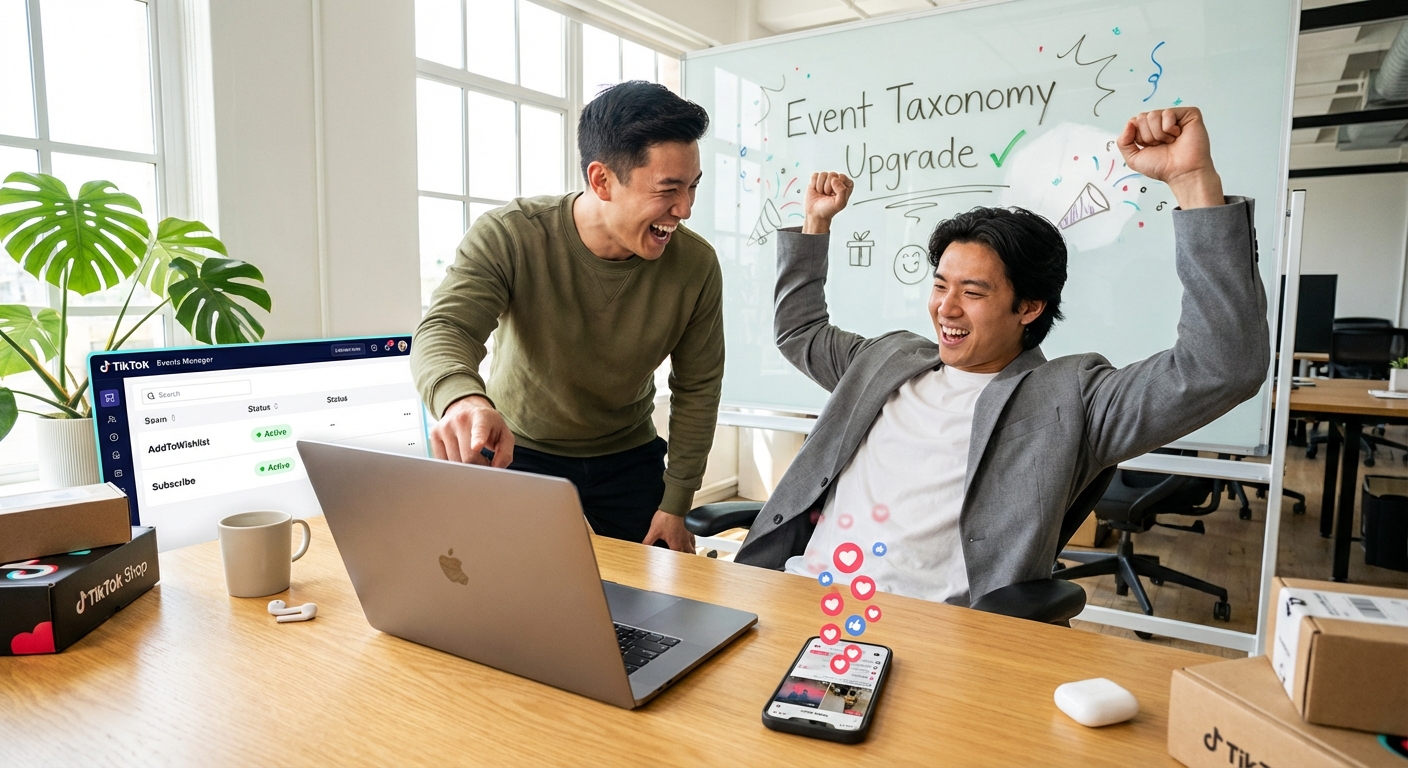 TikTok Shop brand team celebrating successful advanced pixel event setup with Events Manager showing active tracking signals