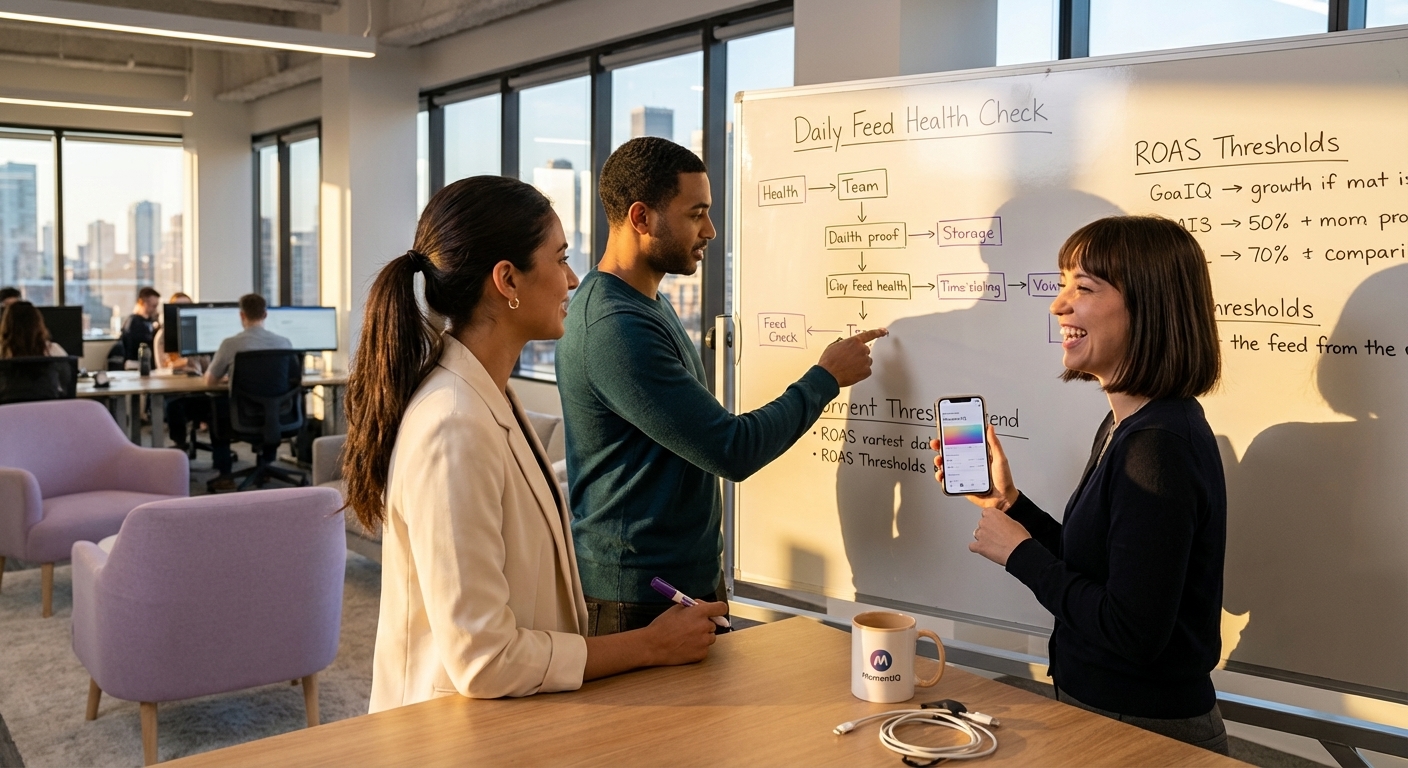 Brand team enthusiastically brainstorming TikTok Shop product feed optimization strategies on a whiteboard.